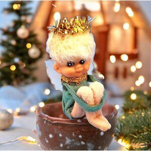 Vintage 1950s Pixie Angel Knee Hugger Ornament Tulle Wings Japan Green Napco